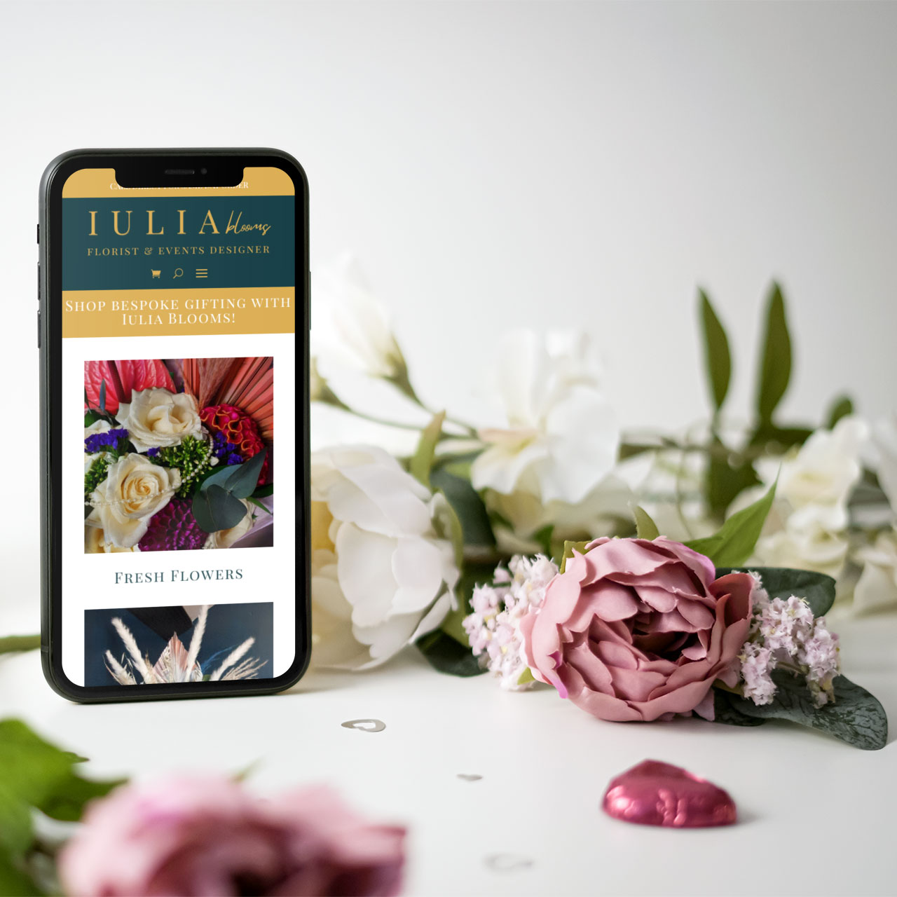 Iulia Blooms Floral and events website on mobile device