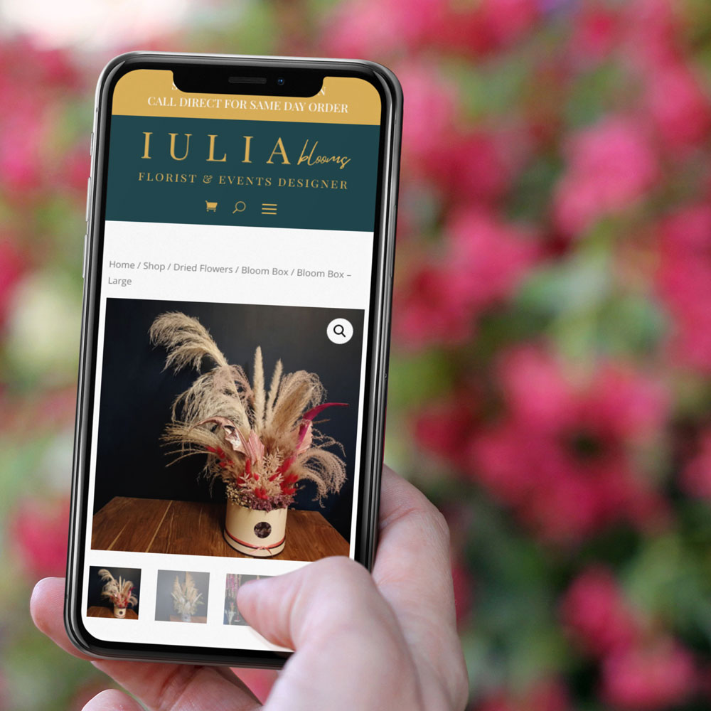 Iulia Blooms Floral and events website on mobile device