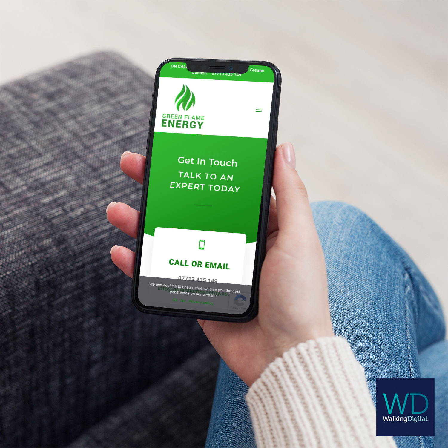 Green Flame Energy Website on a mobile phone