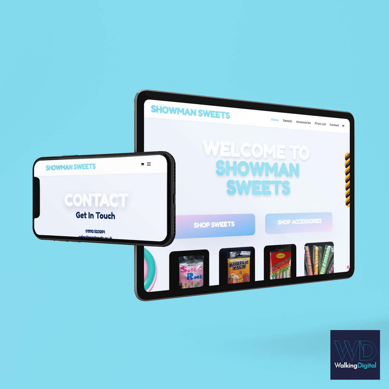 Showman Sweets website on multiple devices